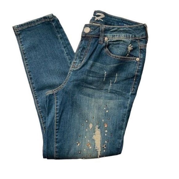 Seven7 Womens‎ Ankle Skinny Distressed Embellished Stretch Mid Rise Blue Size 8 - Picture 1 of 11
